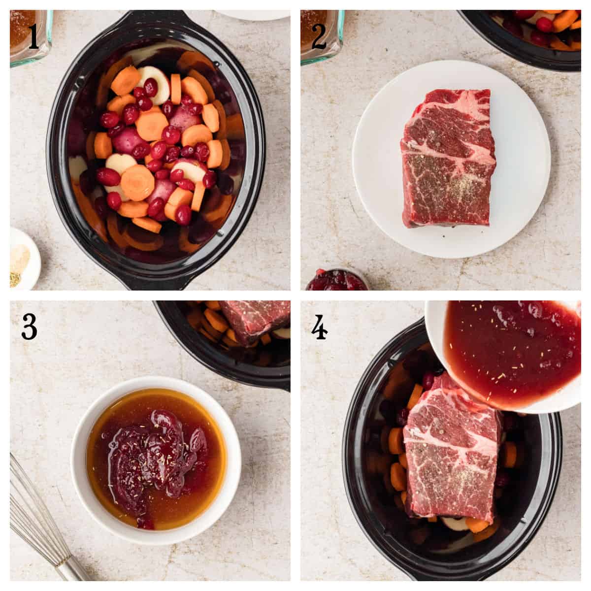 Four-panel image: 1) Raw vegetables and cranberries in a slow cooker; 2) Raw seasoned beef on a plate; 3) Sauce being mixed in a bowl; 4) Sauce poured over beef and vegetables in the slow cooker.
