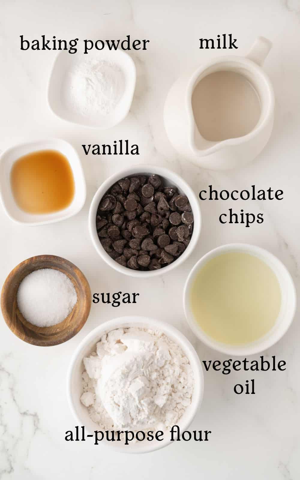A flat lay of baking ingredients in bowls and a jug, including milk, baking powder, vanilla, chocolate chips, sugar, vegetable oil, and all-purpose flour, labeled with text.