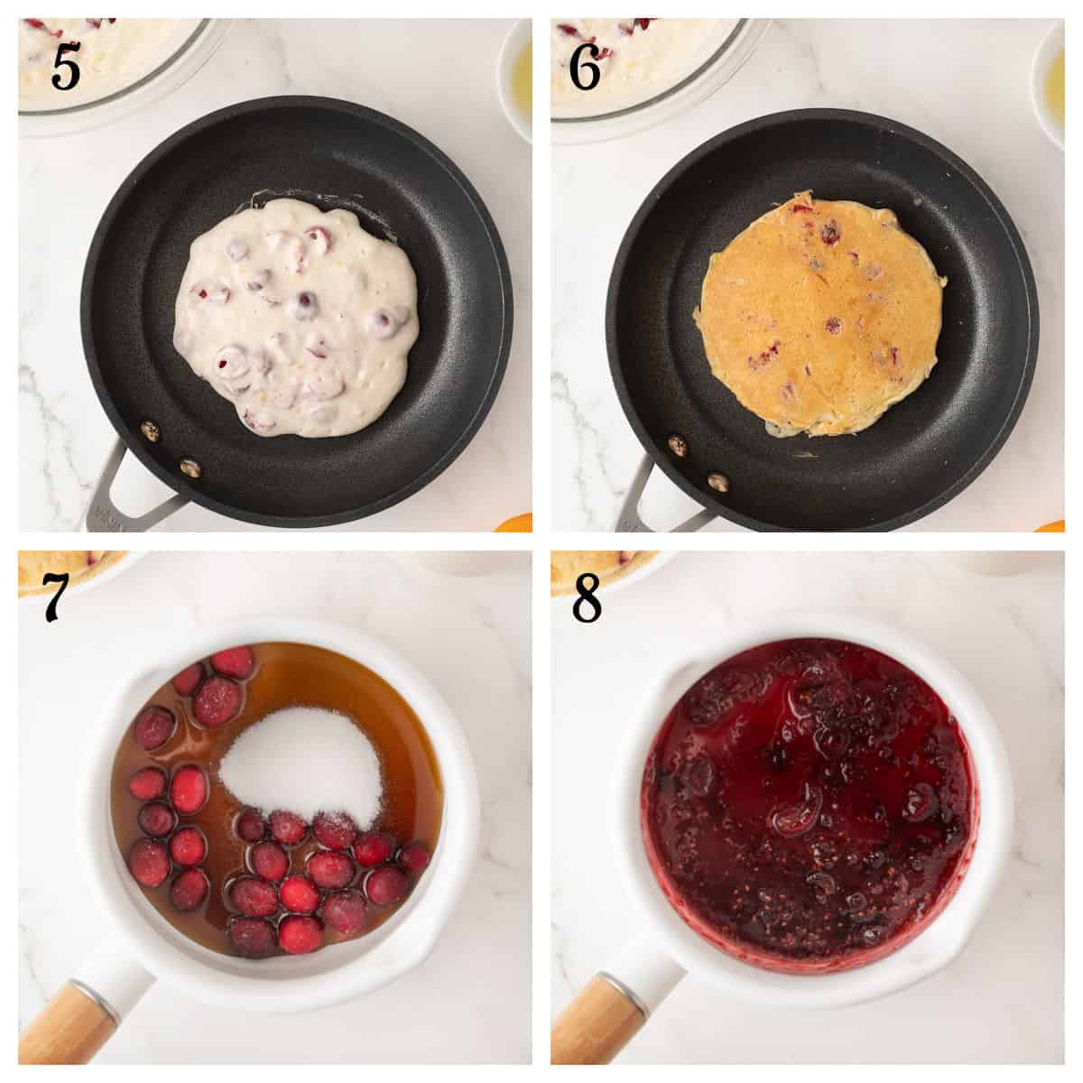 Four numbered steps show batter cooking into a pancake in a skillet, and cranberries with sugar turning into sauce in a saucepan.