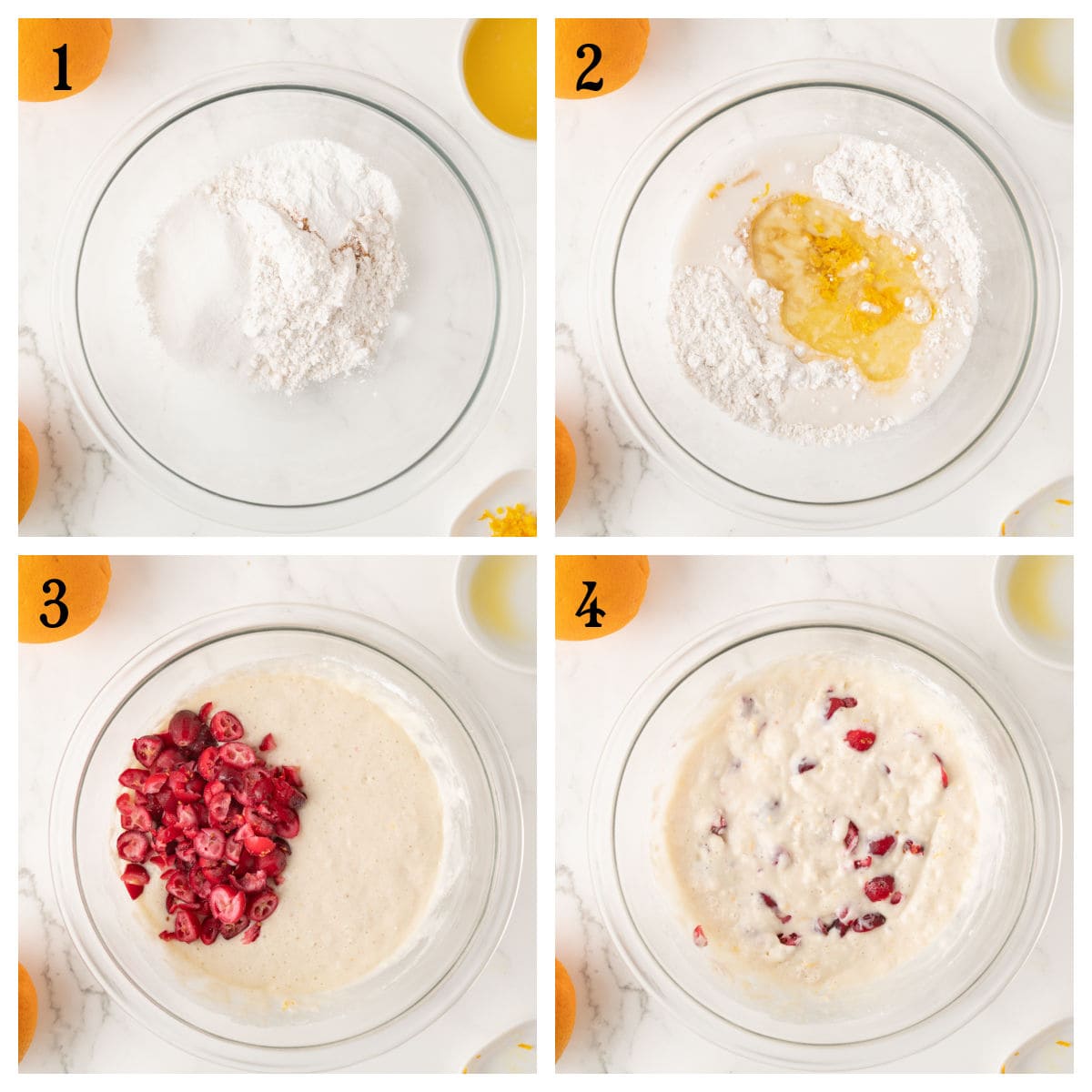 Step-by-step mixing process for cranberry orange pancakes: 1. Dry ingredients in a bowl, 2. Wet ingredients added, 3. Chopped cranberries added, 4. All ingredients mixed together.