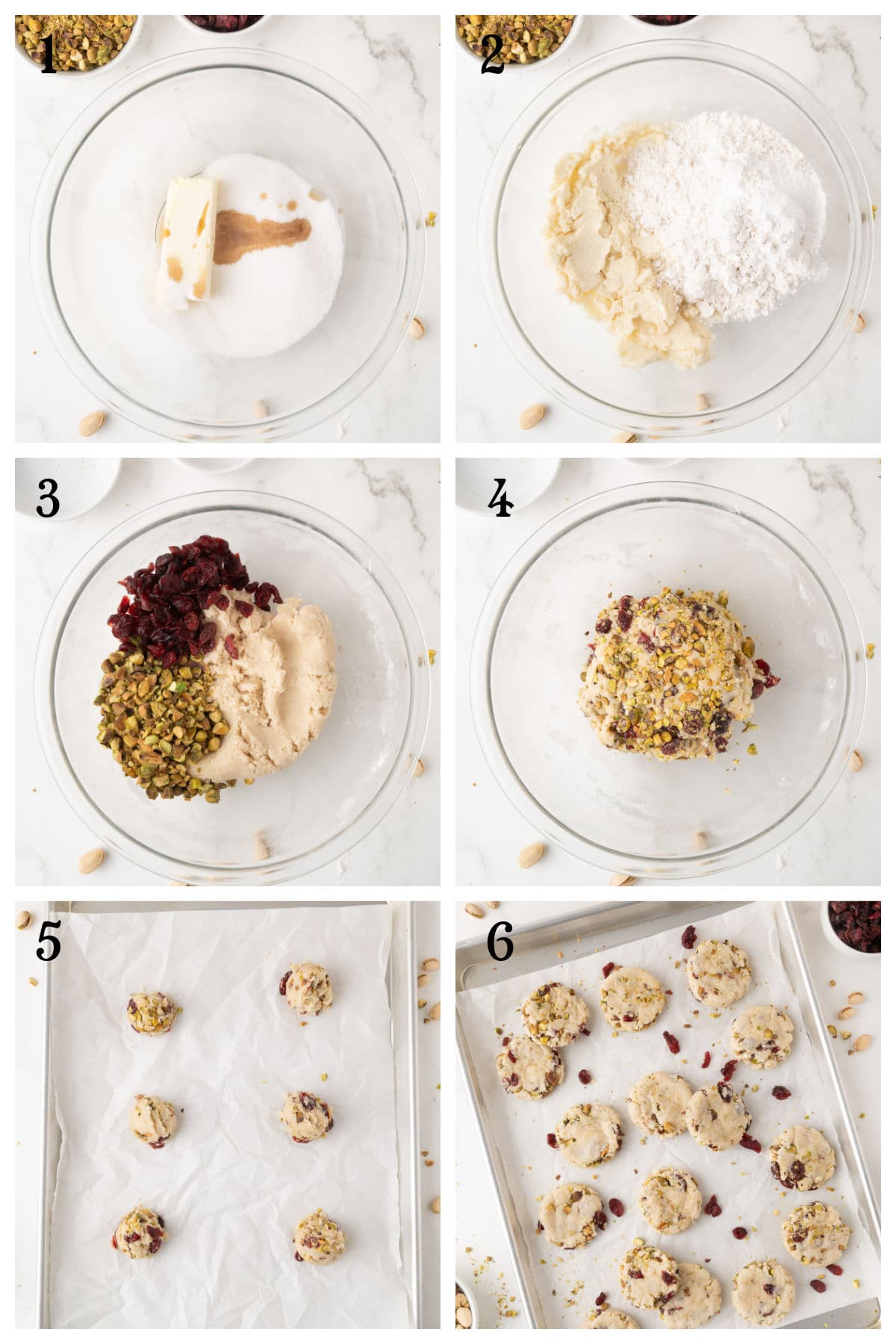 A step-by-step collage shows the process of making cookies: combining ingredients, mixing dough, adding nuts and fruit, shaping dough on a baking sheet, and baked cookies on a tray.