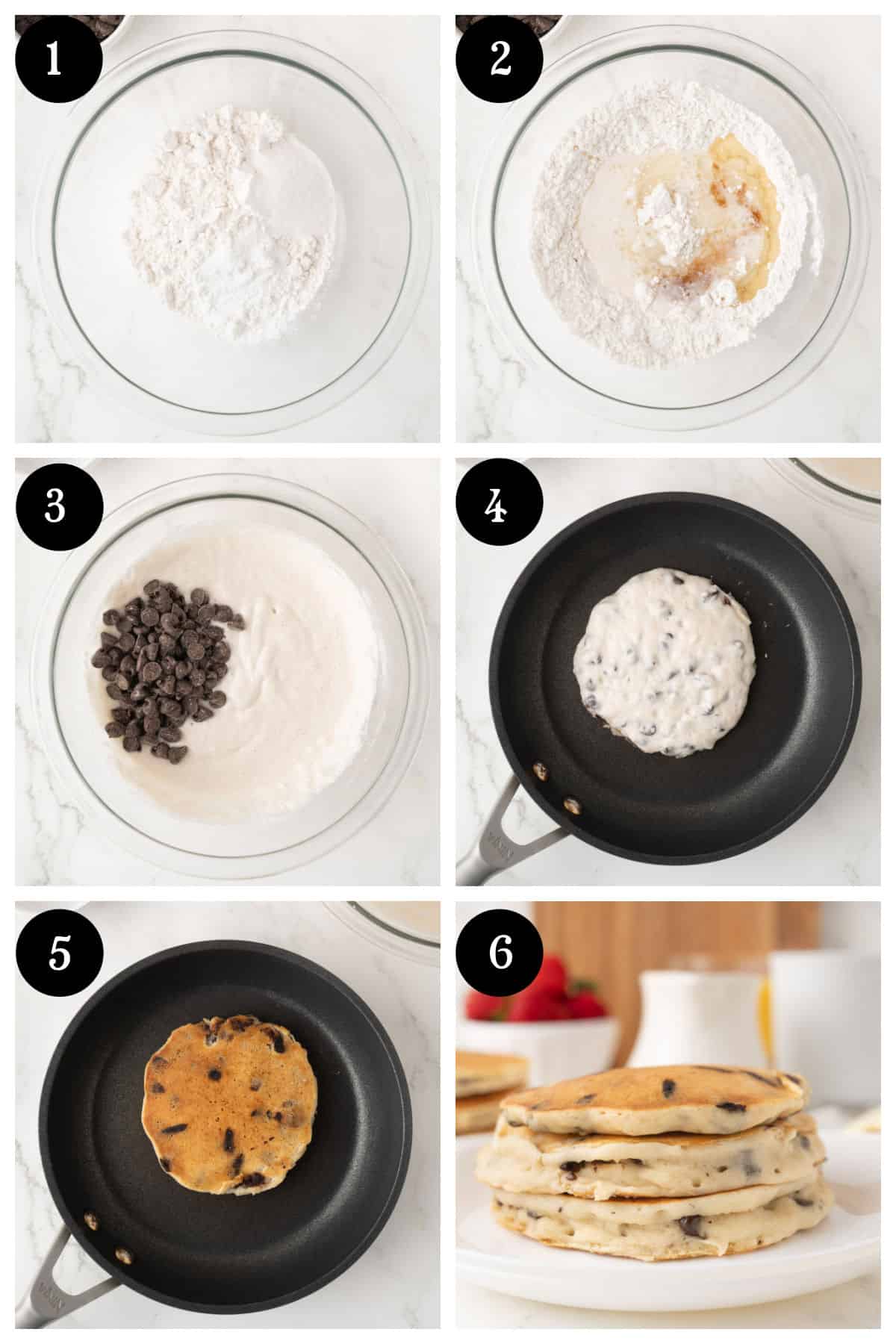 A step-by-step process of making chocolate chip pancakes: mixing dry ingredients, adding wet ingredients, folding in chocolate chips, cooking batter in a pan, flipping, and stacking finished pancakes.