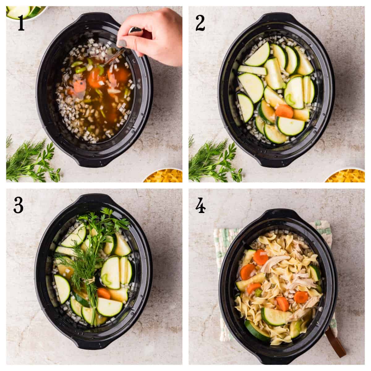 Four-step process of making chicken noodle soup in a 2-quart slow cooker: adding broth and veggies, layering, adding herbs, and finished soup with noodles.