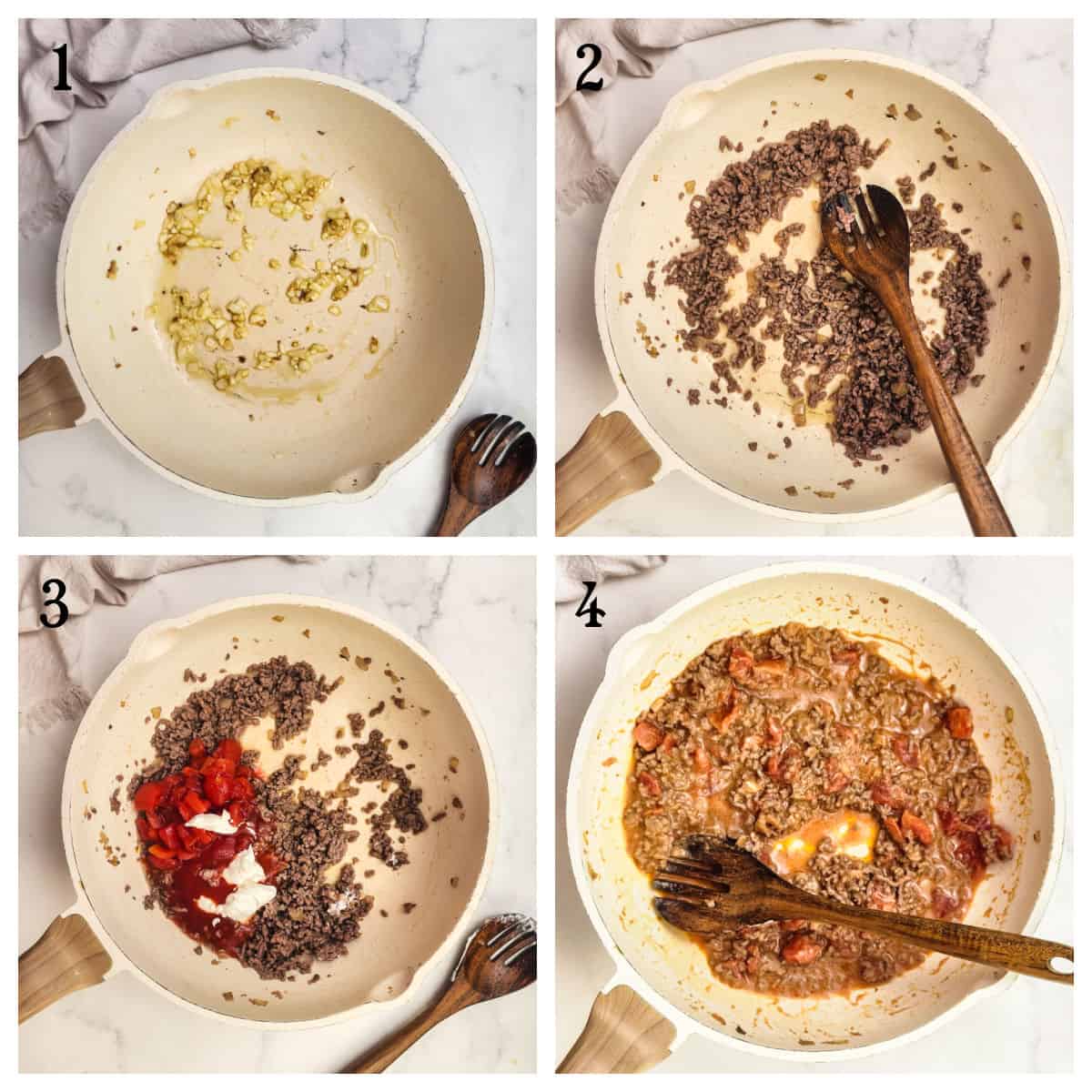 Four-panel image showing ground meat being cooked in a pan: step 1 with garlic, step 2 browned meat, step 3 with tomatoes and sauce added, step 4 simmering meat sauce mixture.