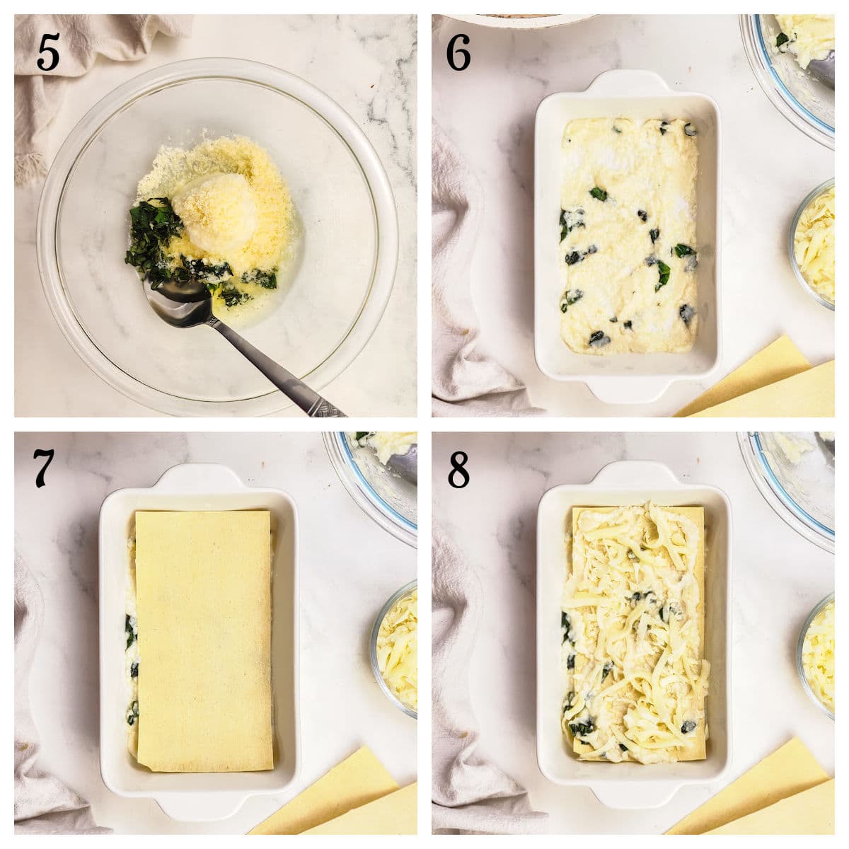 Four-step collage showing: cheese and spinach mixture in a bowl (5), mixture spread in a baking dish (6), pasta sheet layered on top (7), and more mixture spread on the pasta (8).