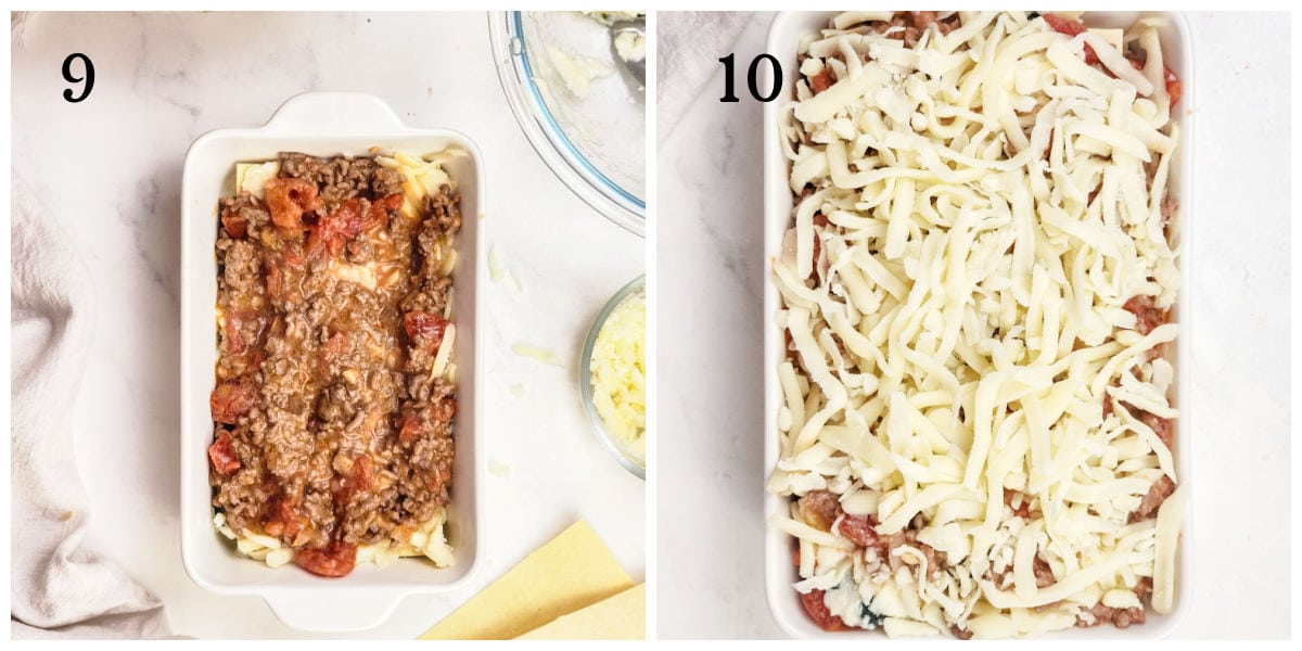 Two images of a baking dish: the left shows a layer of meat and tomato sauce mixture, the right shows the same dish topped with shredded cheese.