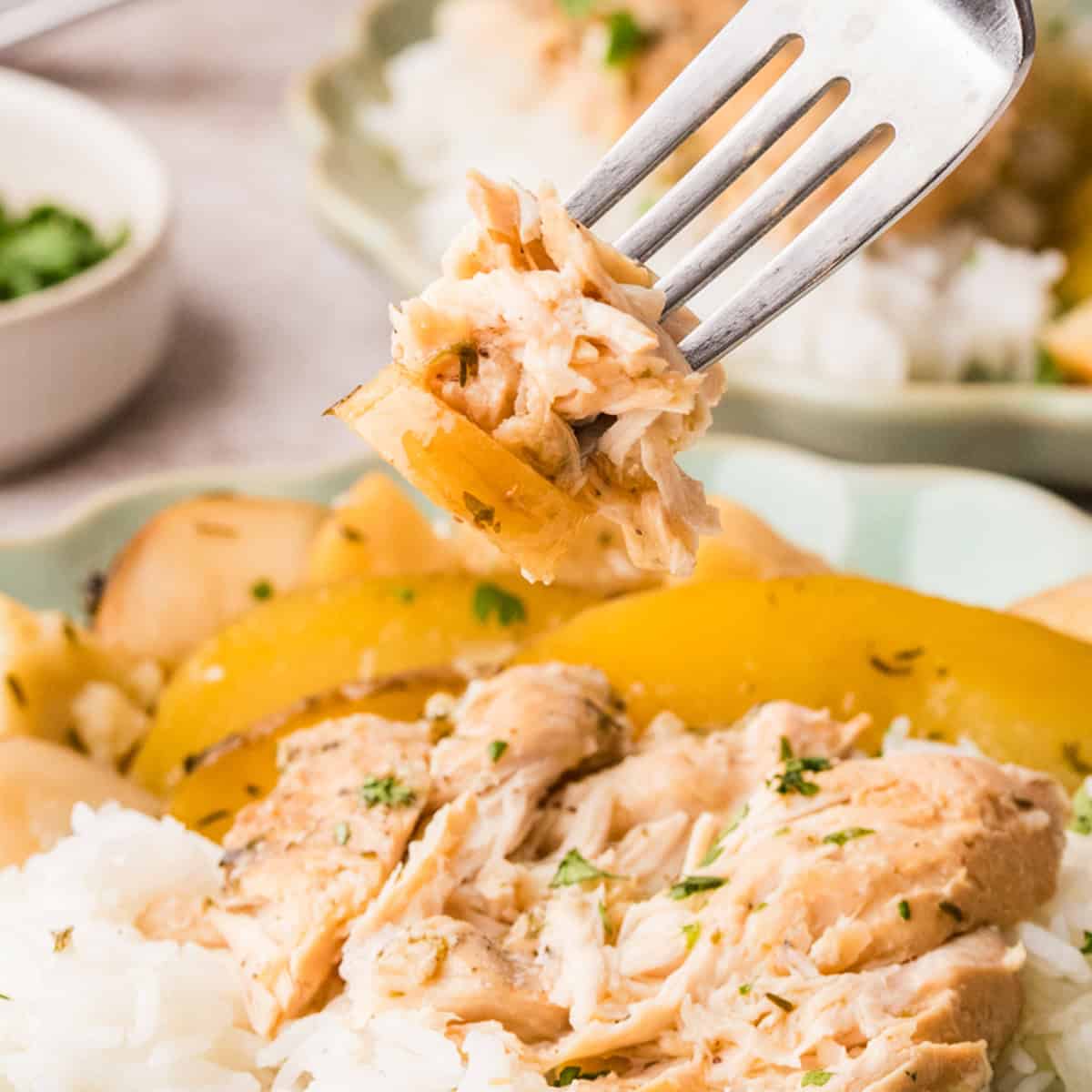 A fork holds a bite of shredded chicken and yellow bell pepper above a plate of white rice, chicken, and vegetables.