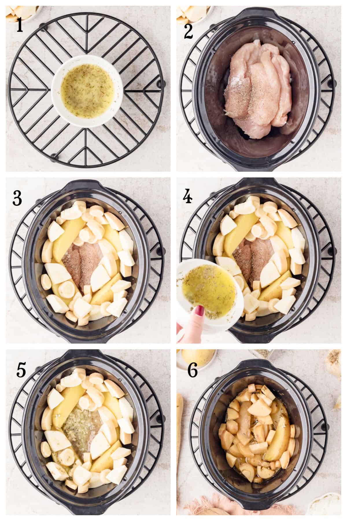 Six-step collage showing the process of preparing a chicken, apple, and onion dish in a slow cooker, from adding raw ingredients to pouring sauce and the final cooked result.