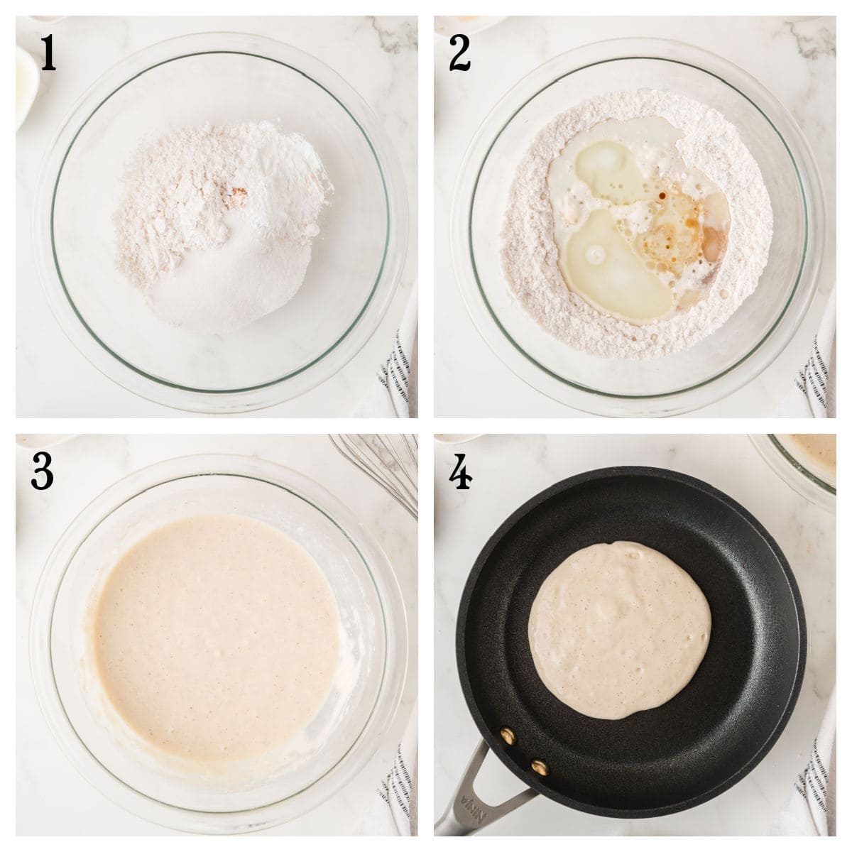 Step-by-step pancake batter preparation: 1. Dry ingredients in a bowl, 2. Wet ingredients added, 3. Batter mixed, 4. Batter poured into a frying pan.