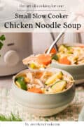 A bowl of chicken noodle soup with vegetables, a spoon lifting soup, and a slow cooker in the background. Text overlay reads Small Slow Cooker Chicken Noodle Soup.