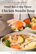 A bowl of chicken noodle soup with noodles, chicken, carrots, and zucchini, and a spoon lifting a slice of carrot, next to a slow cooker.