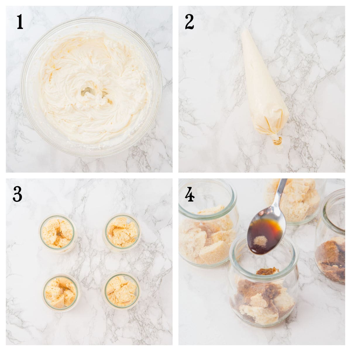Four-step process for making Tiramisu cups: whipped Mascarpone mixture in a bowl, filled piping bag, jars with lady finger pieces, and spoon adding liquid to jars.