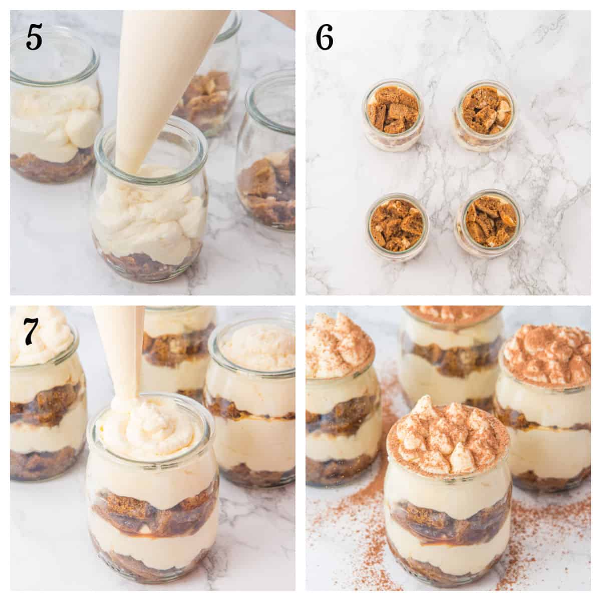 A step-by-step process of assembling tiramisu in jars: adding cream with a piping bag, layering with soaked cake, and topping with cocoa powder.
