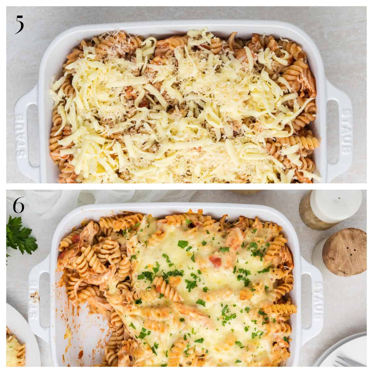 Two side-by-side images of a pasta bake in a white dish: one before baking with shredded cheese on top, and one after baking with melted, slightly browned cheese and parsley.