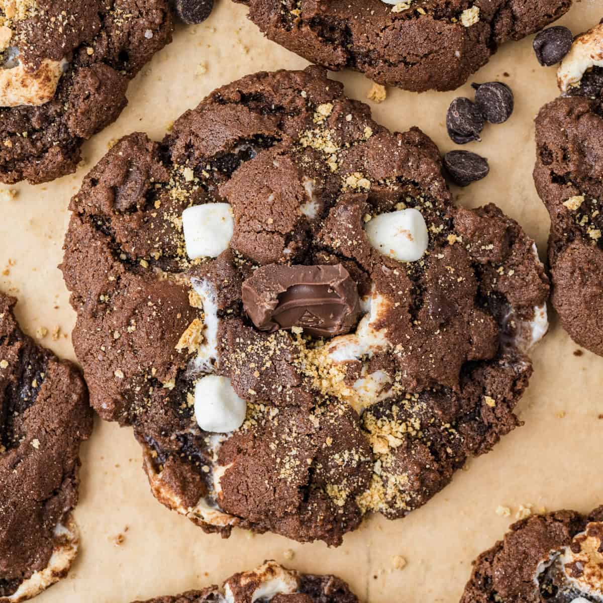 A close-up of a chocolate s'mores cookie topped with marshmallows, a chocolate piece, and graham cracker crumbs on parchment paper.