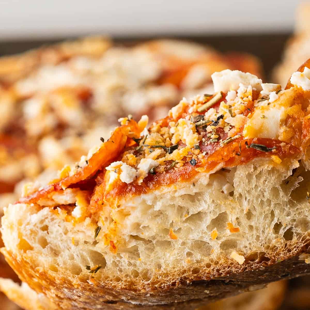 A close-up of a slice of bread topped with tomato sauce, cheese, herbs, and seasonings, showing a textured and airy crumb.