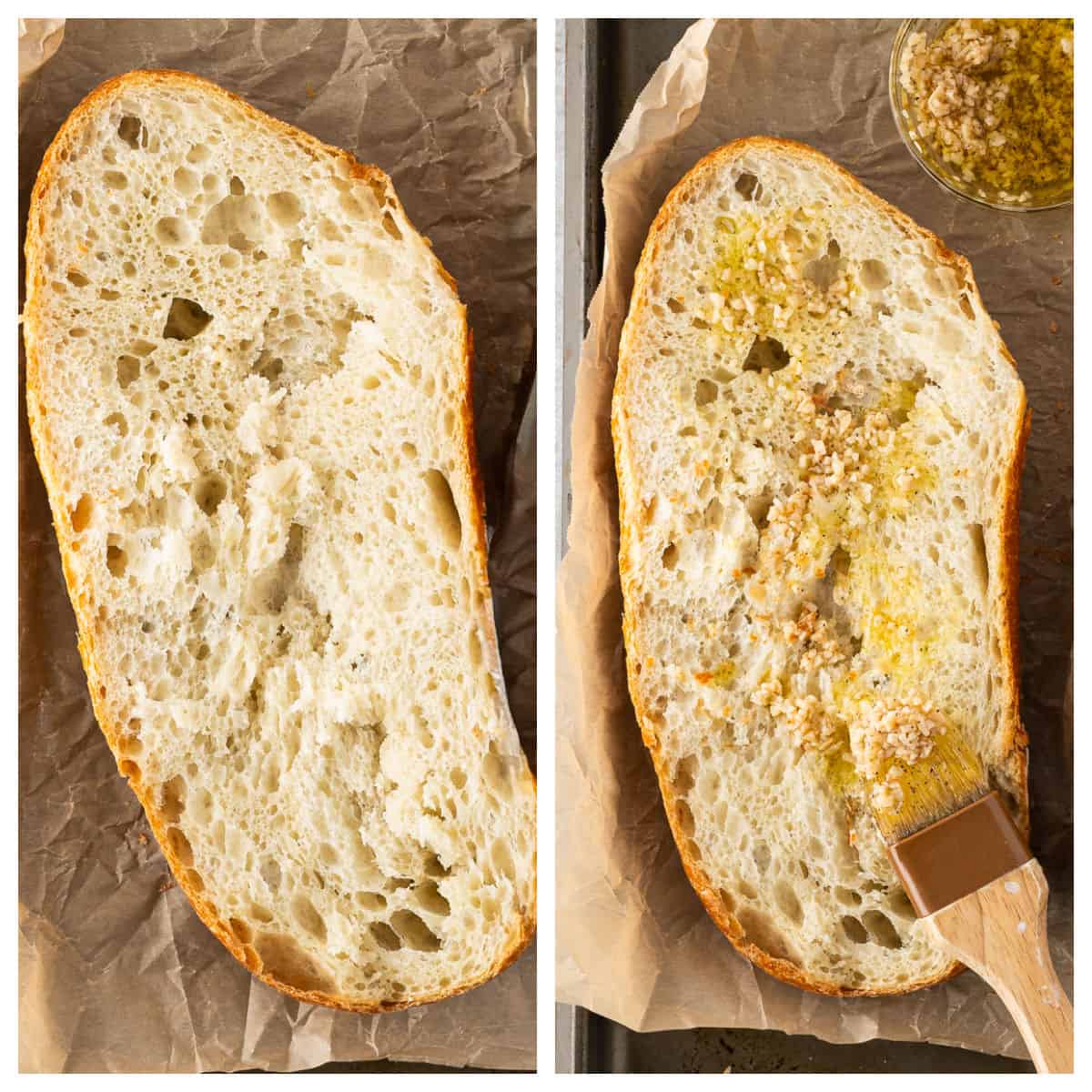 Two panels showing a slice of French bread; left panel is plain, right panel shows garlic and oil being brushed on, hinting at the first step in making a delicious French Bread Pizza.