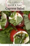 Close-up of a Caprese salad with sliced tomatoes, mozzarella, basil, and balsamic glaze on a bed of greens, with text overlay promoting a recipe for cooking for one.