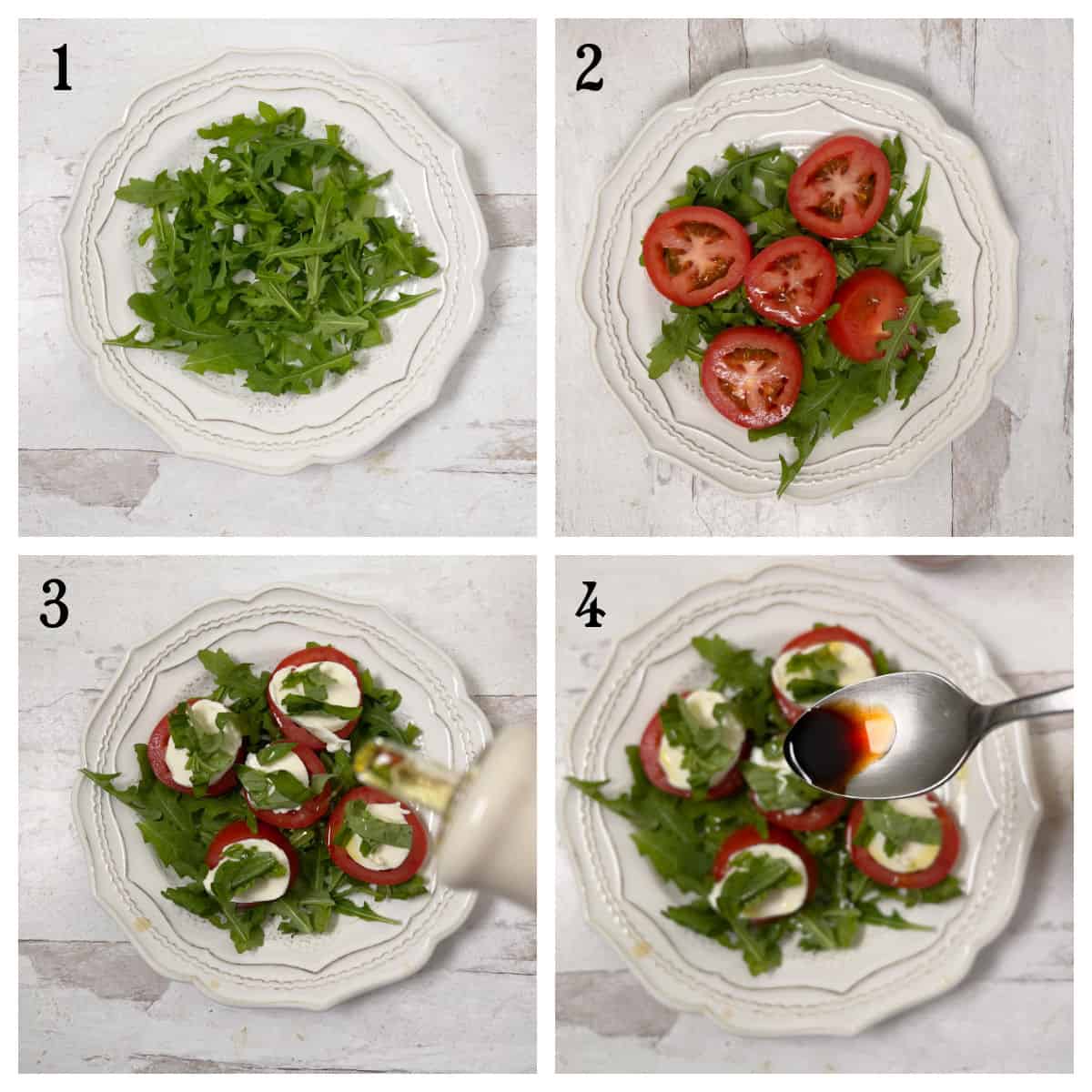 Step-by-step process of making a salad: adding arugula to a plate, topping with tomato slices, adding mozzarella, and drizzling with dressing from a spoon.