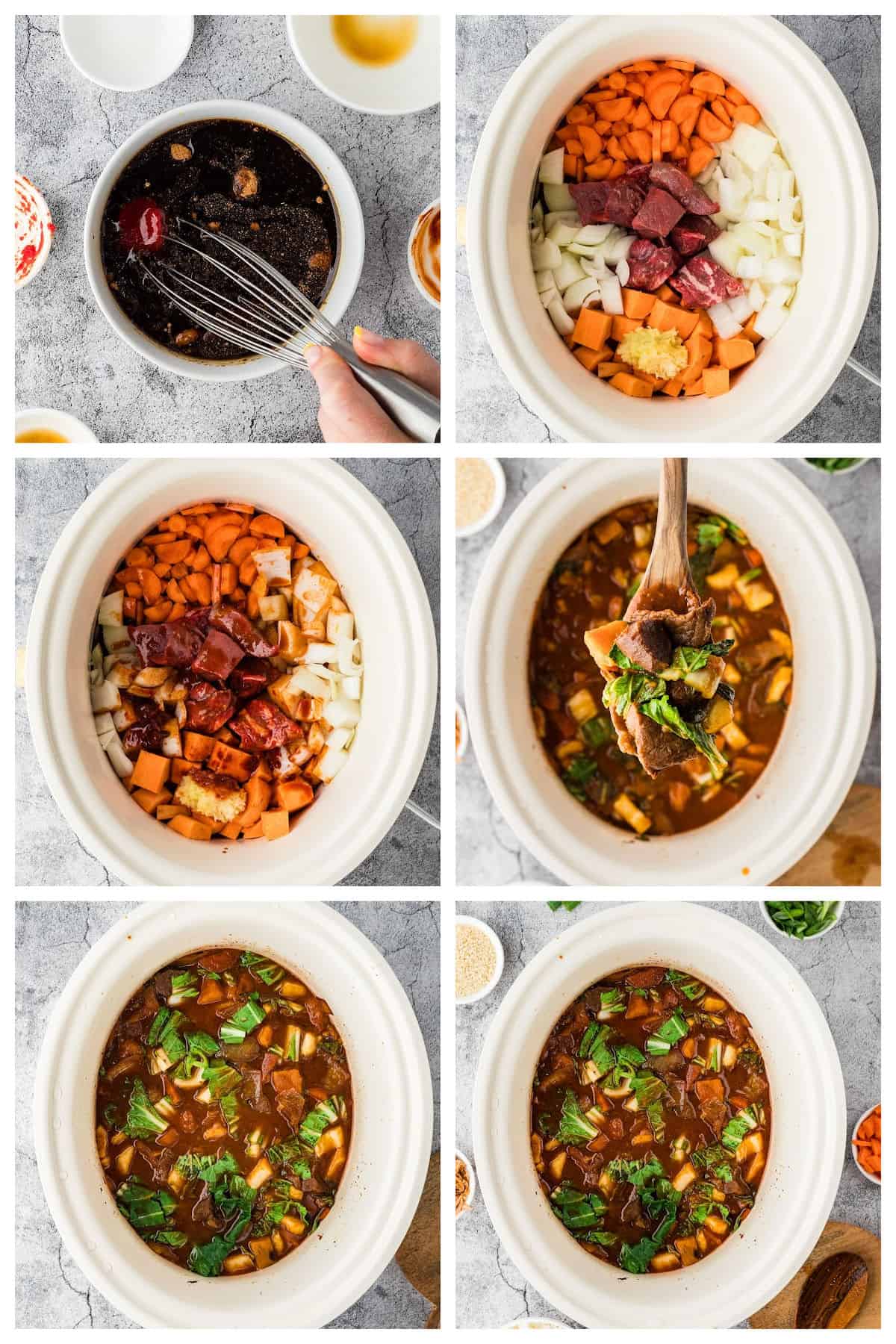 A six-panel collage shows ingredients being mixed and added to a slow cooker, then stirred and cooked with vegetables and sauce to make a savory slow cooker Korean beef stew.