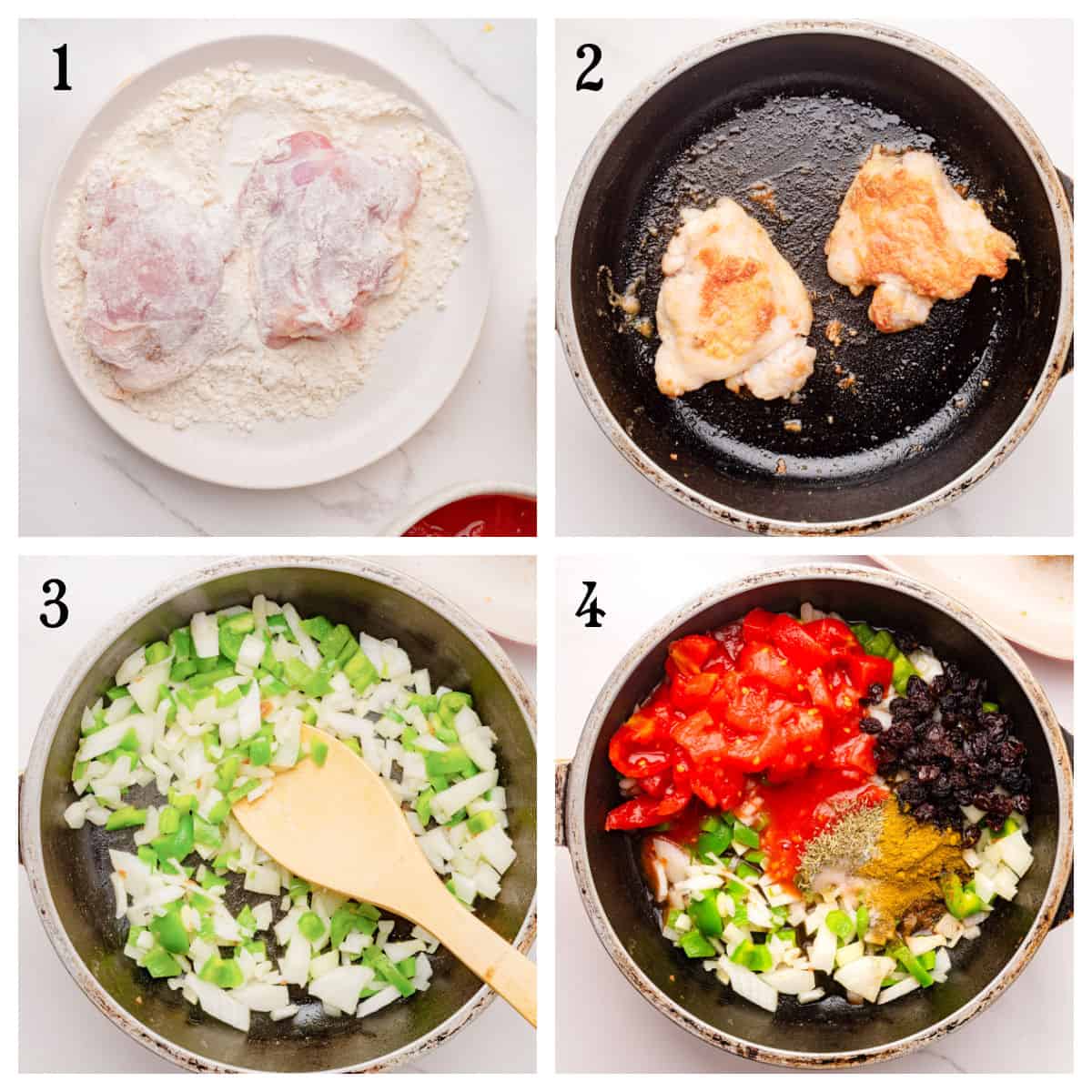 Four-step cooking process: Chicken coated in flour, browned in a pan, onions and peppers sautéed, then tomatoes, raisins, and spices added to the pan.