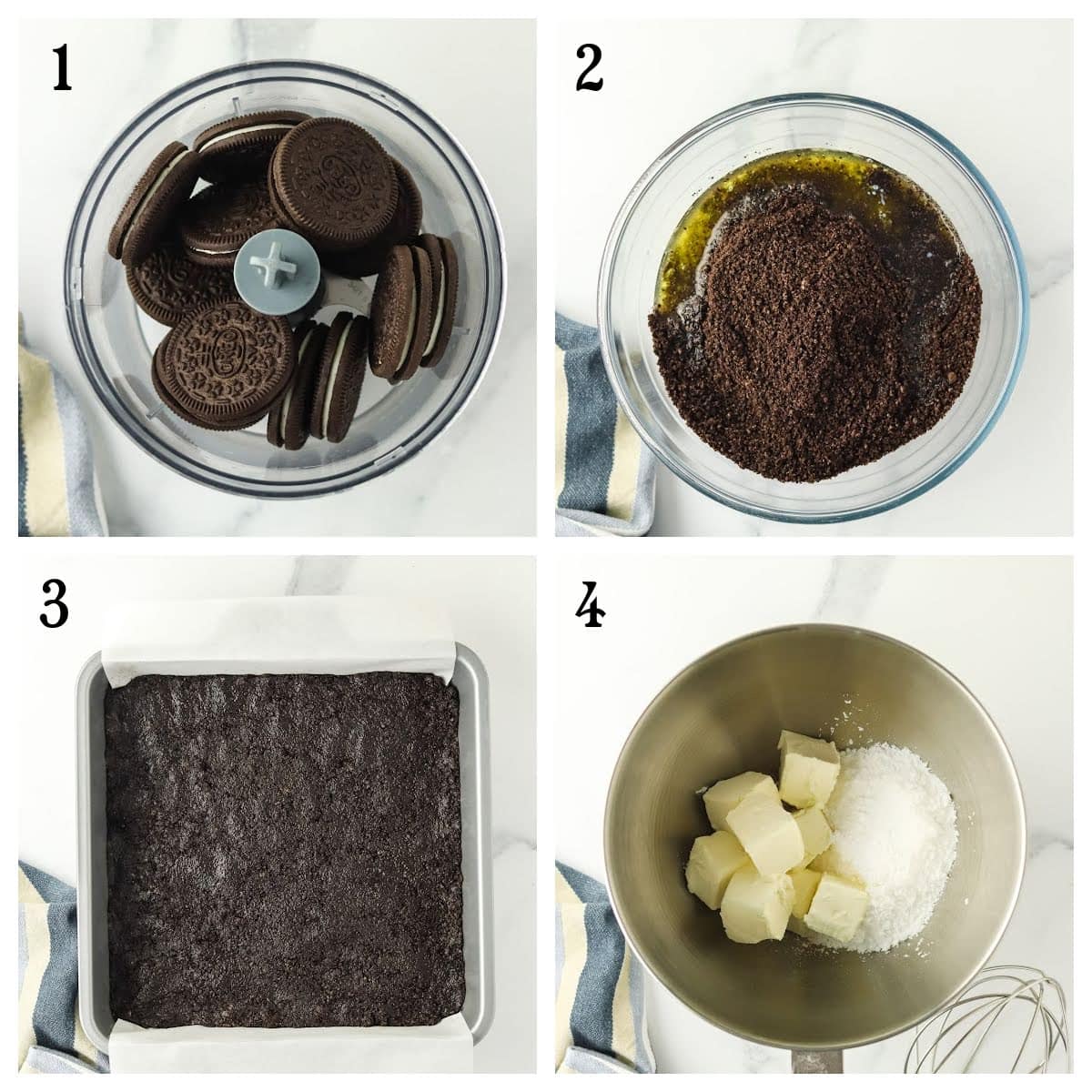 Four-step collage shows: 1) chocolate sandwich cookies in a food processor, 2) crushed cookies with melted butter, 3) cookie crust pressed into a pan, 4) butter and sugar in a mixing bowl.