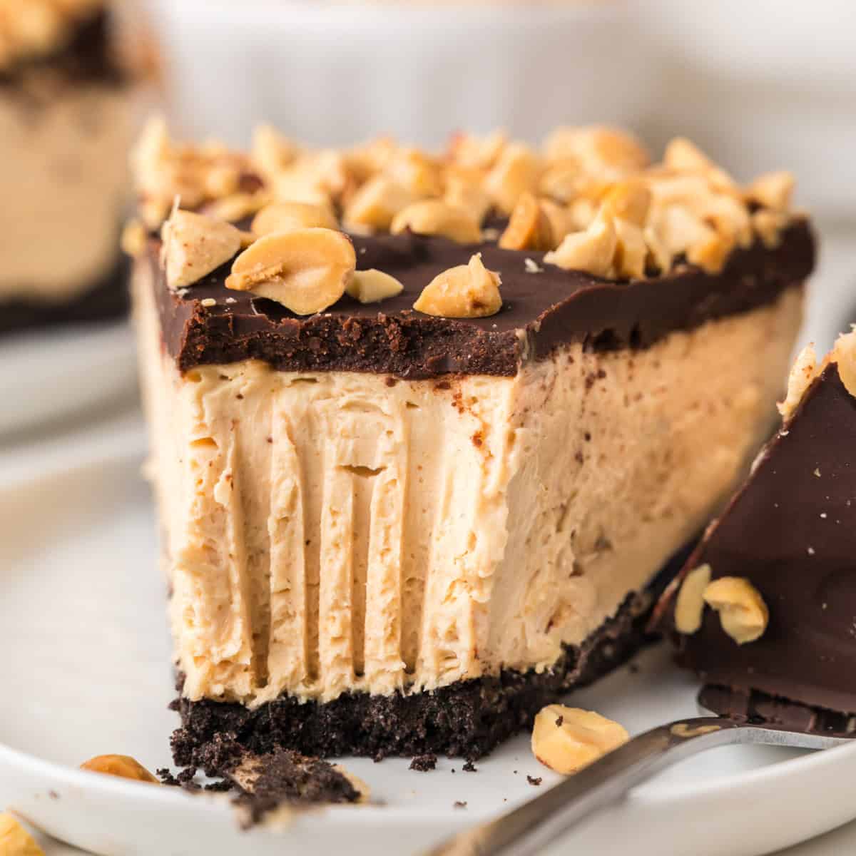 A slice of peanut butter cheesecake with a chocolate crust and topping, sprinkled with chopped peanuts, on a white plate.