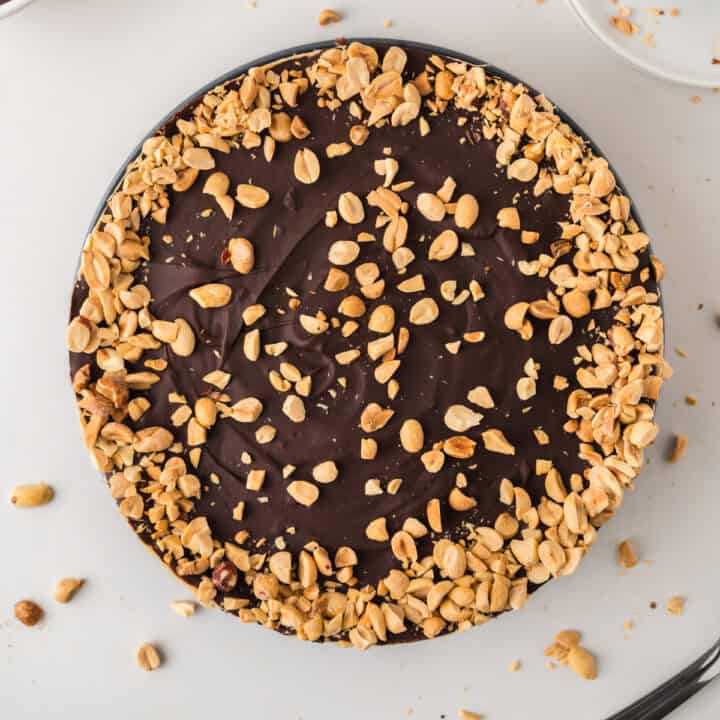 A round chocolate pie topped with chopped peanuts, viewed from above on a white surface.