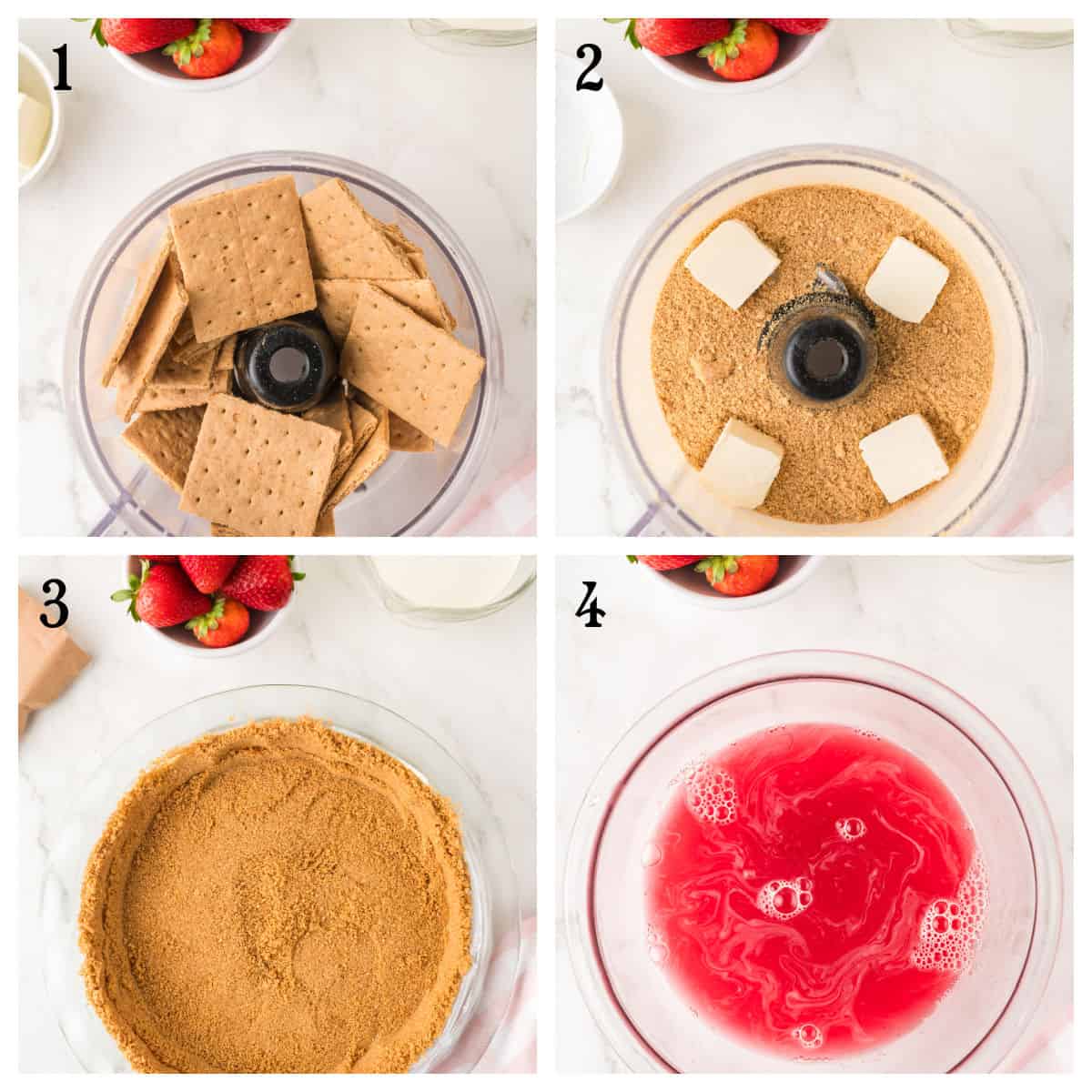 Four-step collage showing: 1) graham crackers in a food processor, 2) crushed crackers with butter, 3) graham crust pressed in a pie dish, 4) a bowl with pink liquid filling.