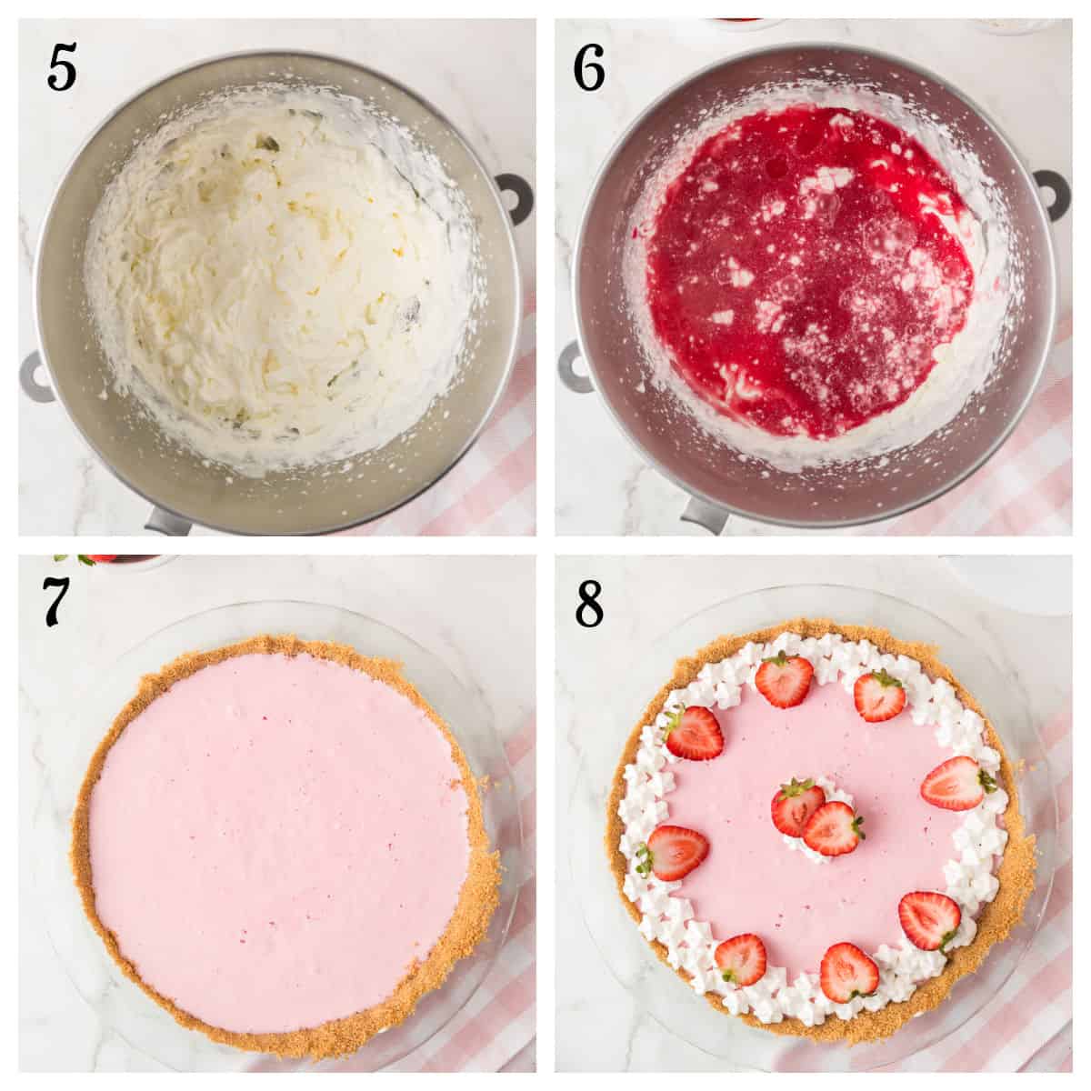 Four-step collage showing the process of making a strawberry cream pie: mixing cream, adding strawberry puree, filling a pie crust, and garnishing the finished pie with whipped cream and strawberries.
