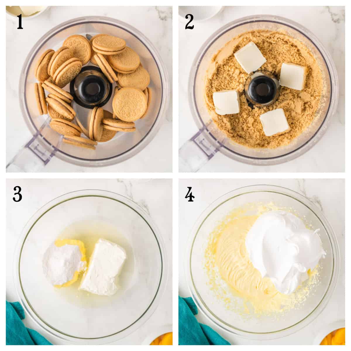 Four-step collage: 1) Golden sandwich cookies in a food processor. 2) Crushed cookies and butter cubes in processor. 3) Cream cheese, sugar, and sour cream in a bowl. 4) Mixture beaten with whipped topping folded in.
