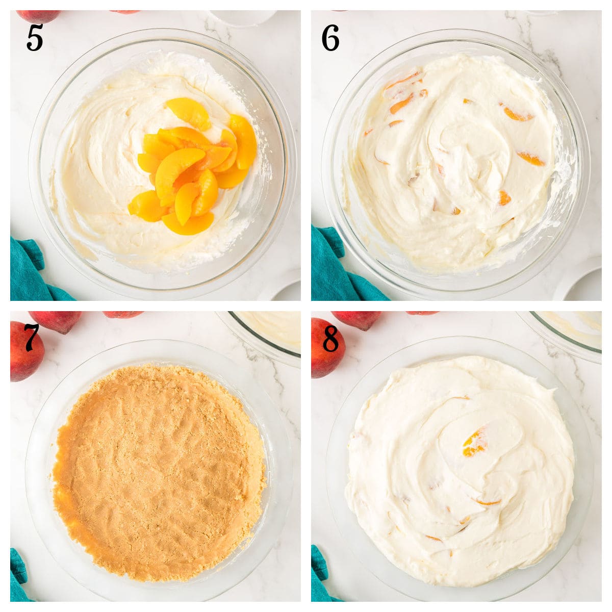 Four-step collage: Step 5 shows peach slices on cream mixture; 6, mixture blended with peaches; 7, graham cracker crust in pie pan; 8, peach cream filling spread on crust.