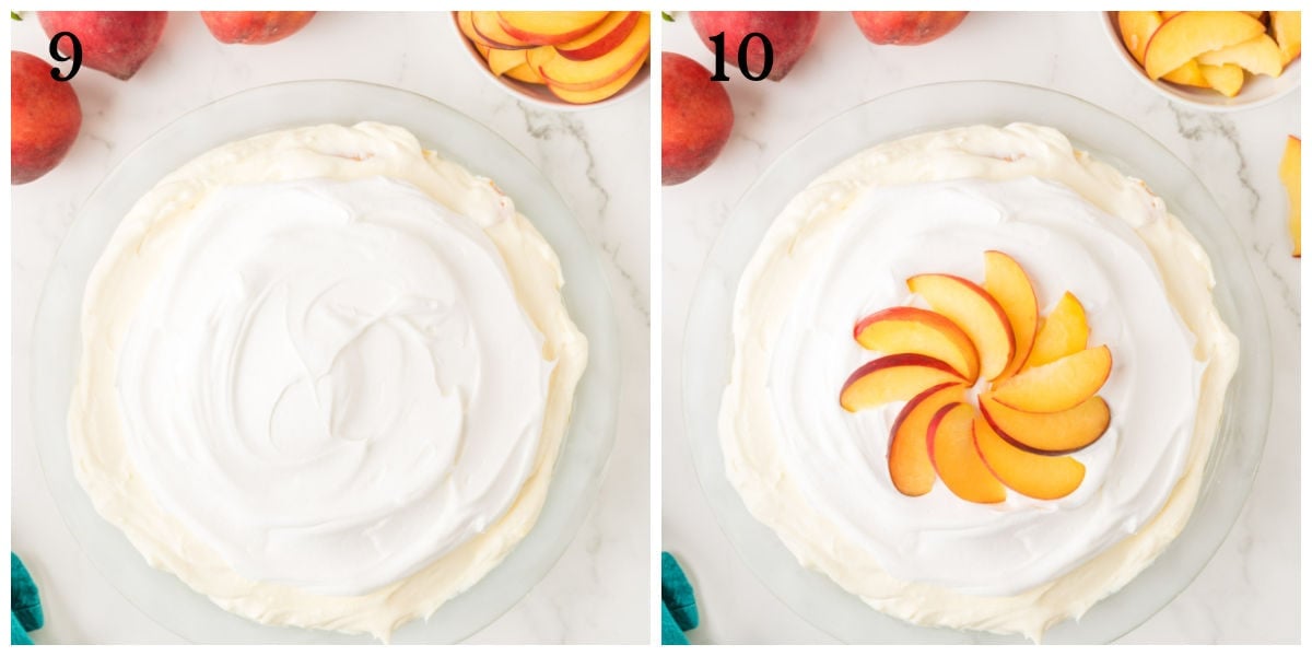 Side-by-side images showing a dessert with a whipped topping; the left side is plain, while the right side is topped with sliced peaches arranged in a spiral pattern.