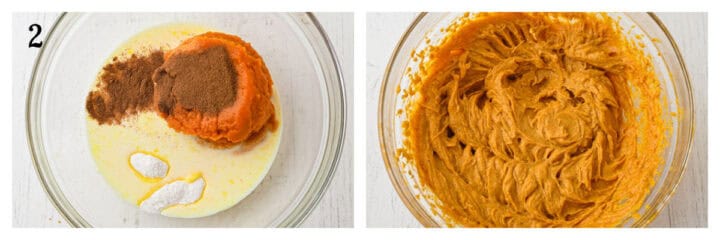 Two images: left shows separate ingredients in a bowl, including pumpkin, spices, eggs, and flour; right shows the ingredients mixed into a smooth batter.