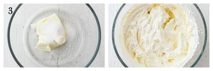 Step 3: On the left, cream cheese and sugar in a glass bowl; on the right, the mixture is fully blended and smooth.