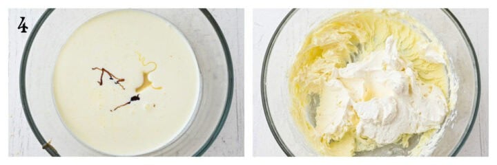 Side-by-side images: left, a bowl of cream with vanilla; right, a bowl of partially mixed whipped cream and softened butter.