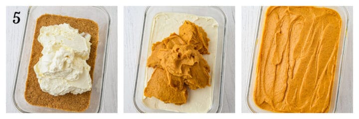 Step-by-step process of assembling a dessert: graham crust with cream cheese, topped with pumpkin mixture, then spread evenly in a glass dish.