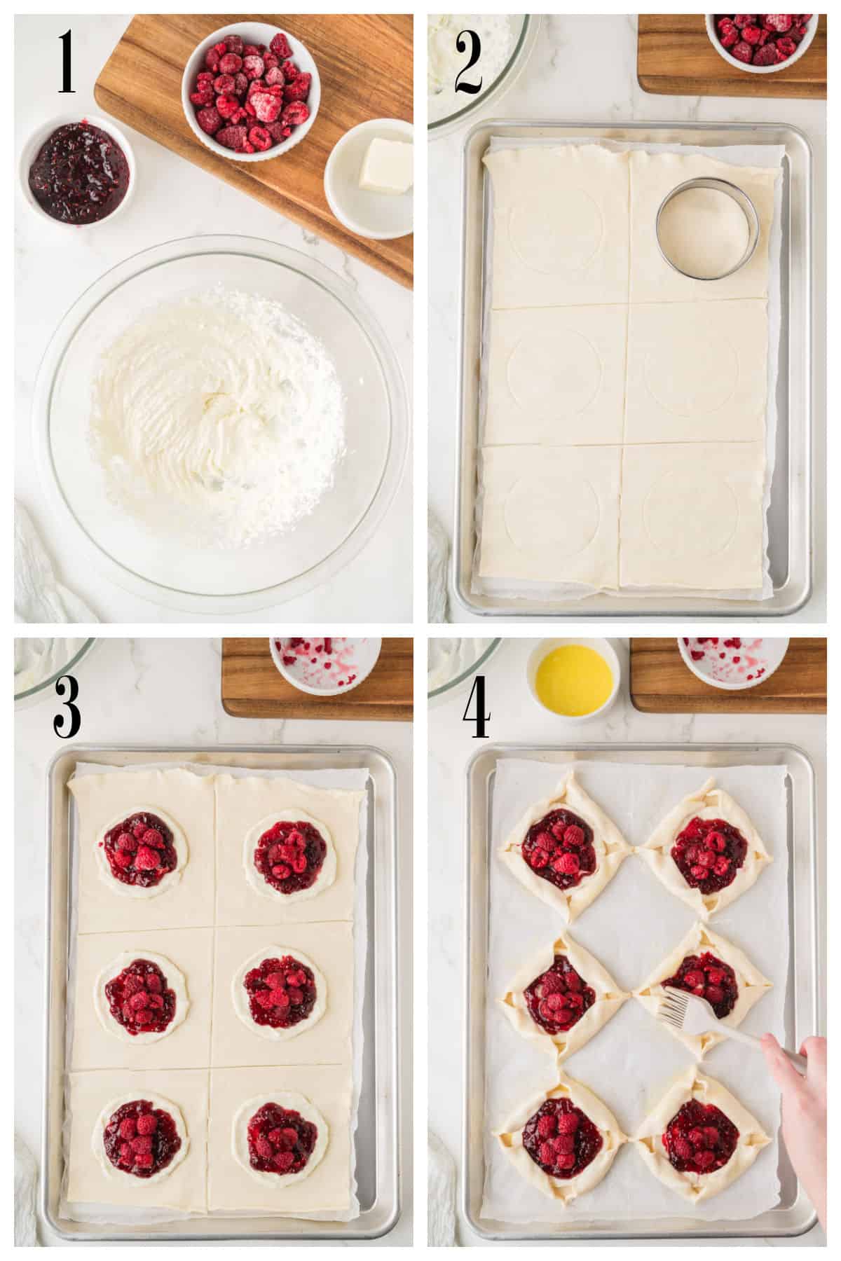 Four-step collage showing: 1) whipped cream cheese and raspberries; 2) dough squares with circles cut out; 3) dough squares topped with raspberry mixture; 4) corners folded over filling.