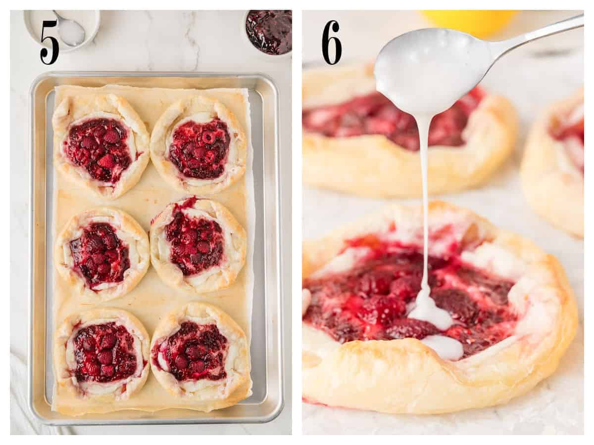 Left: Six small berry galettes on a baking sheet. Right: Icing being drizzled with a spoon over a baked berry galette.