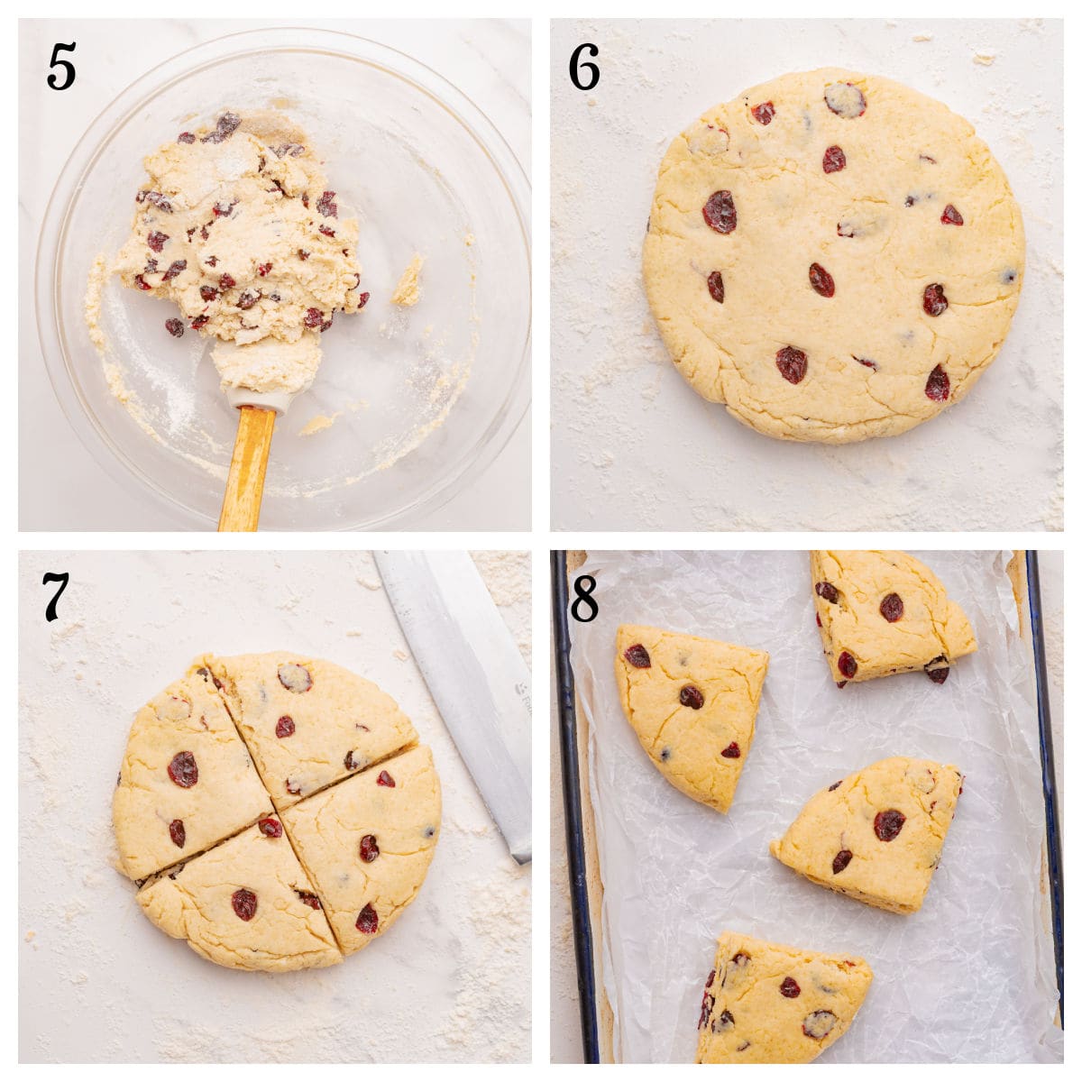 Four-step process of making scones: mixing dough with cranberries in a bowl, shaping it into a round, cutting into wedges, and placing wedges on a lined baking sheet.