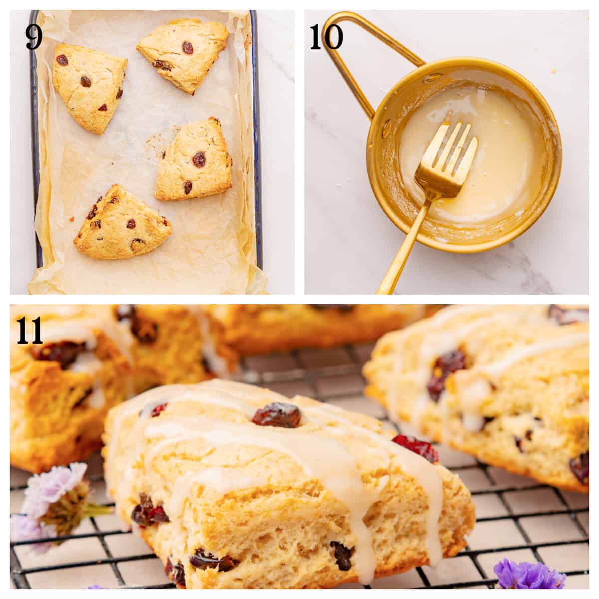Three scones on a parchment-lined tray, a bowl of glaze with a fork, and a close-up of a glazed scone on a cooling rack with flowers nearby.