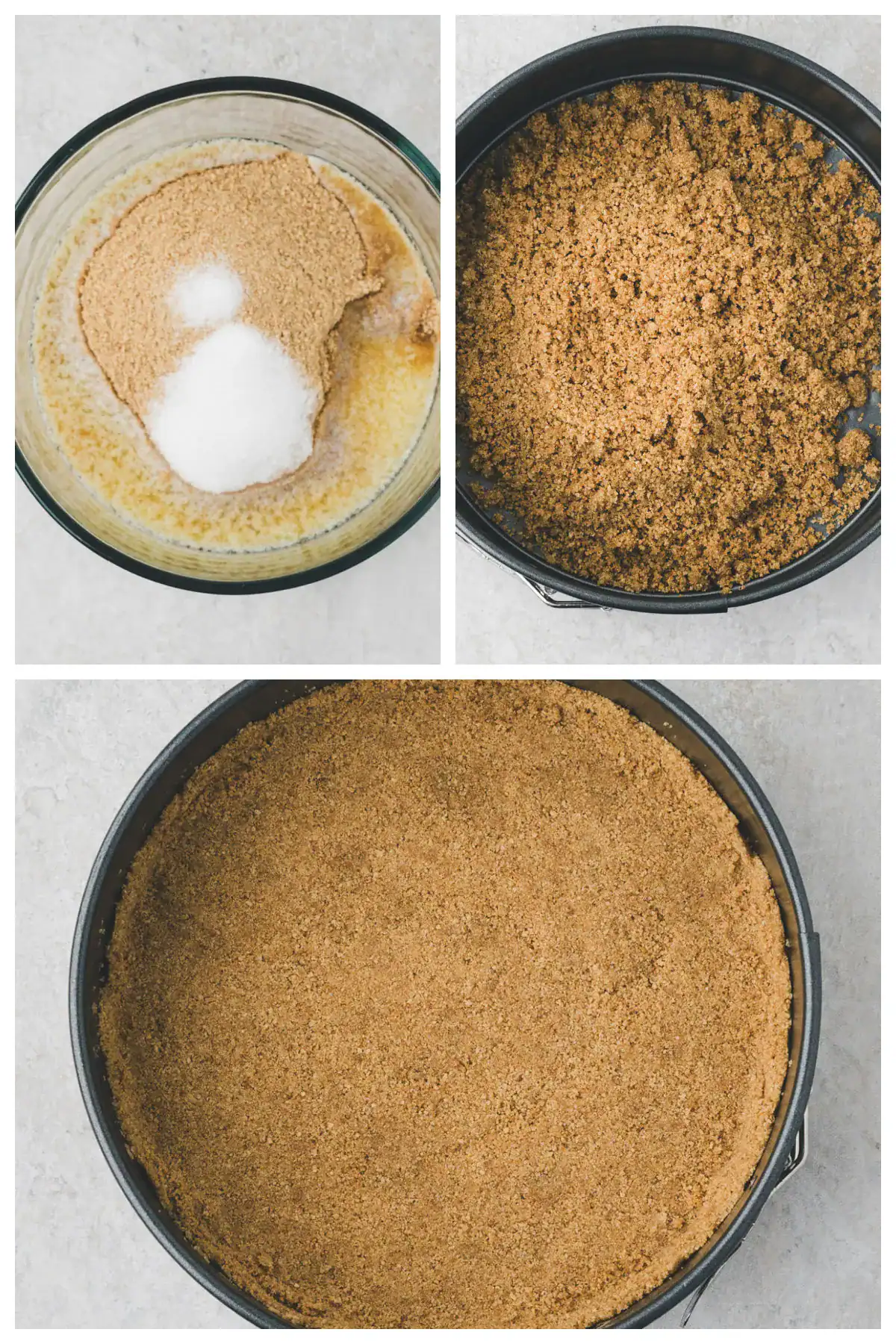 Three images show the process of making a graham cracker crust: mixing crumbs, sugar, and butter; blended mixture in a bowl; and the crust pressed into a round pan.