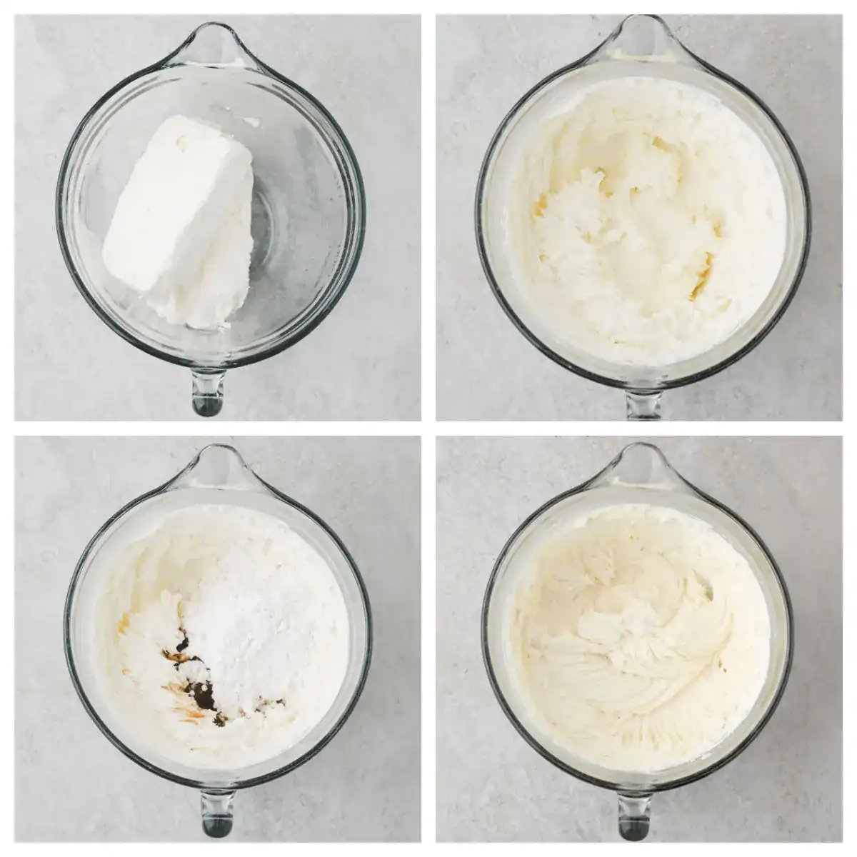A four-step process of making frosting: cream cheese in a bowl, whipped, then with powdered sugar and vanilla added, and finally all ingredients mixed together until smooth.