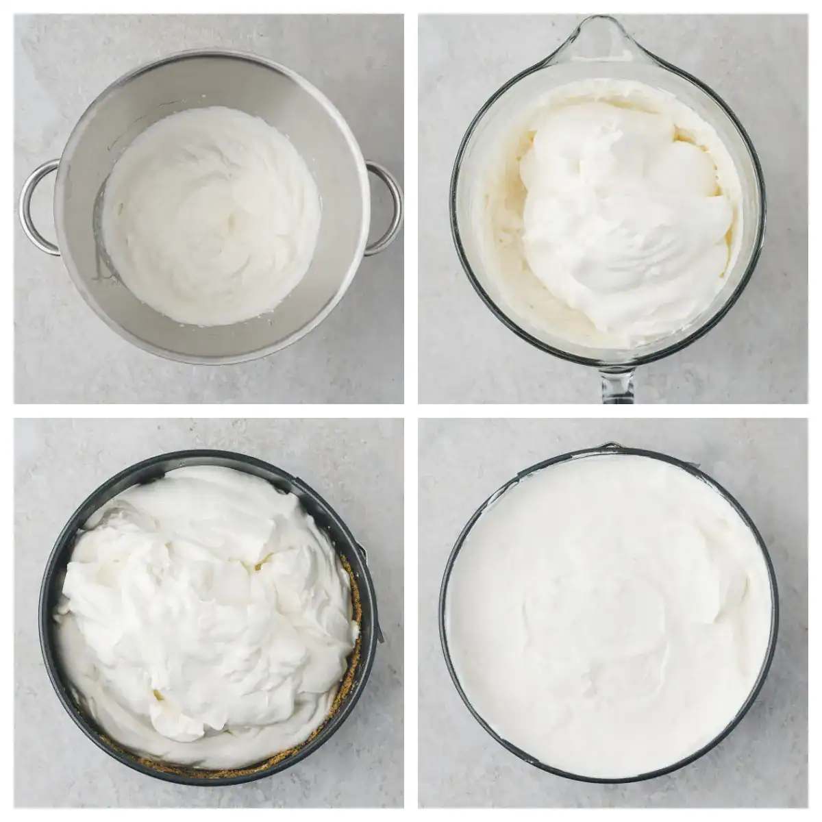 Four images show stages of whipped cream preparation in metal and glass bowls, and its spreading over a dessert in a round baking pan.