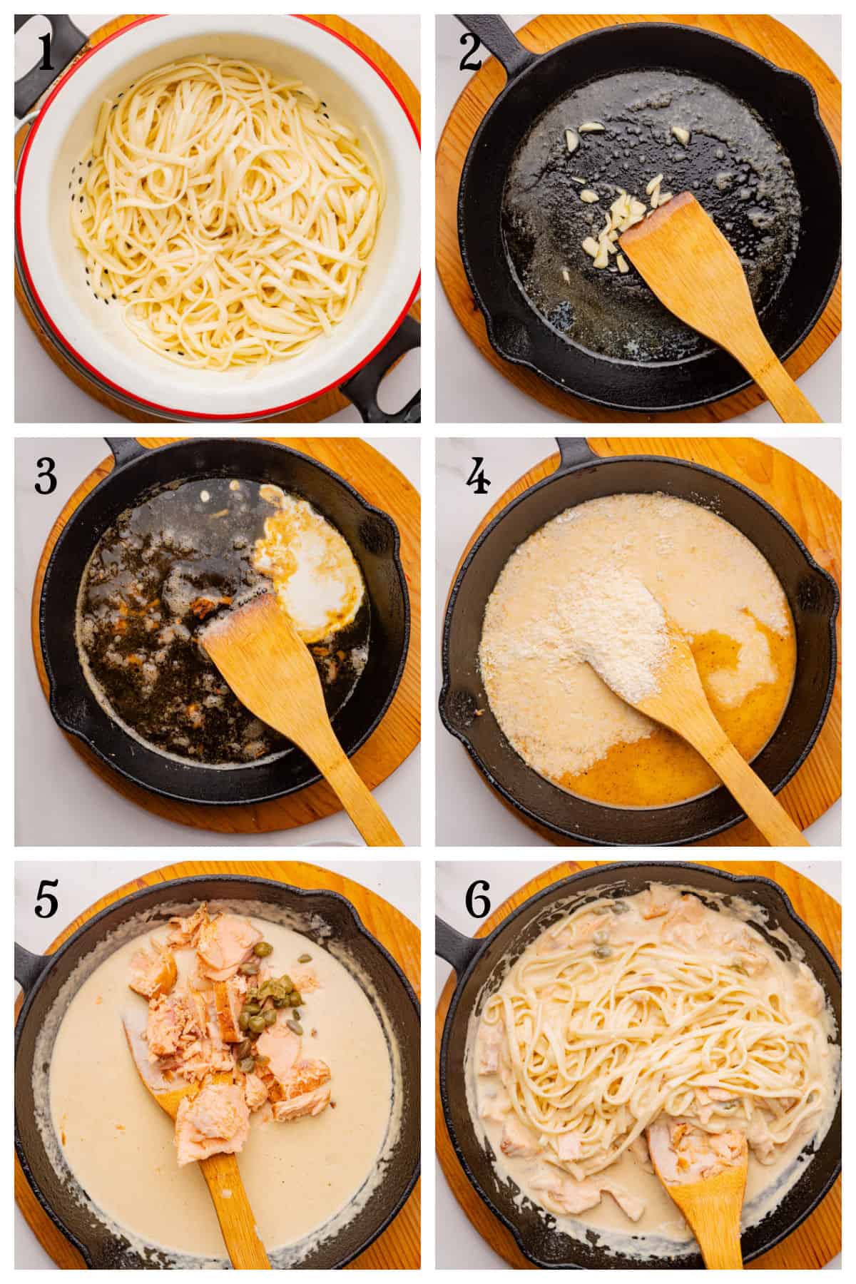 A step-by-step collage showing creamy salmon pasta being made: pasta boiled, garlic sautéed in butter, cream and cheese added, salmon mixed in, and cooked pasta combined with sauce in a skillet.