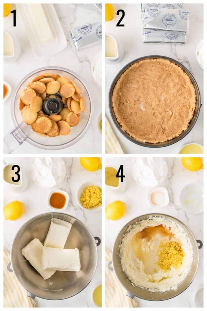 Step-by-step images show: blending cookies in a food processor, pressing crust into a pan, mixing cream cheese in a bowl, and adding lemon zest to a cream cheese mixture.