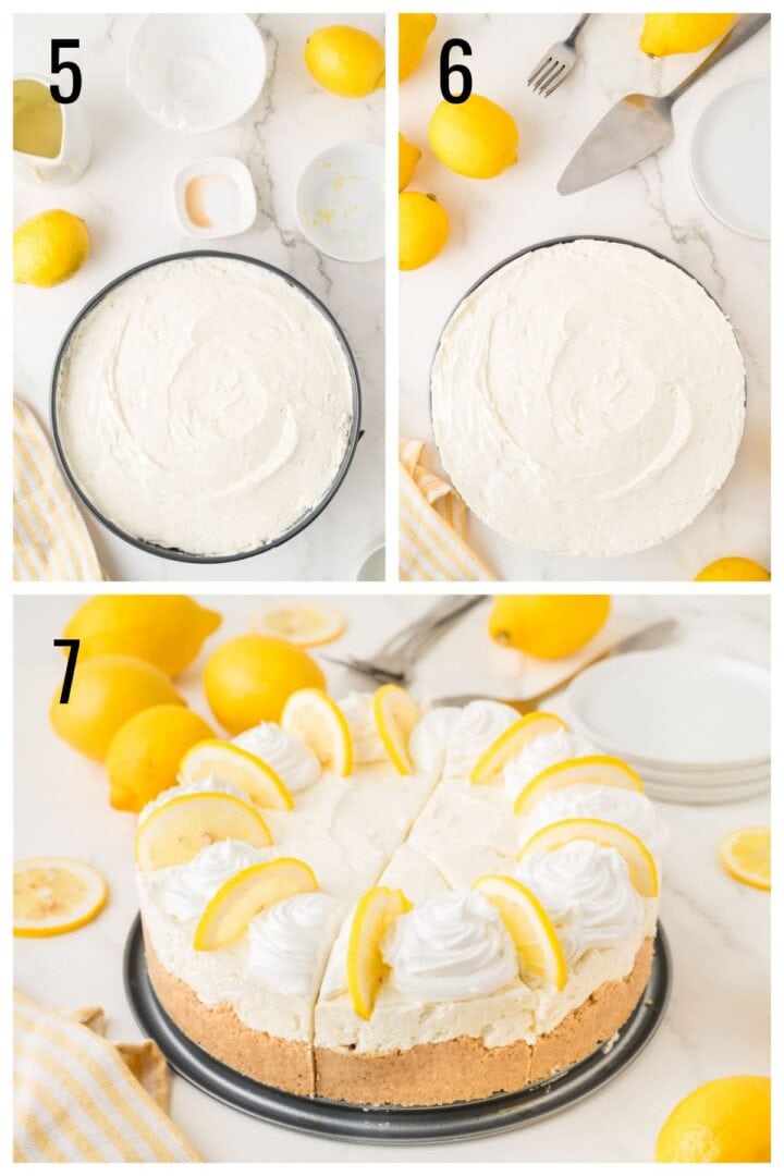 Step-by-step images of a lemon cheesecake: Steps 5 and 6 show the cheesecake before and after chilling; step 7 shows the finished, sliced cheesecake decorated with lemon slices and whipped cream.