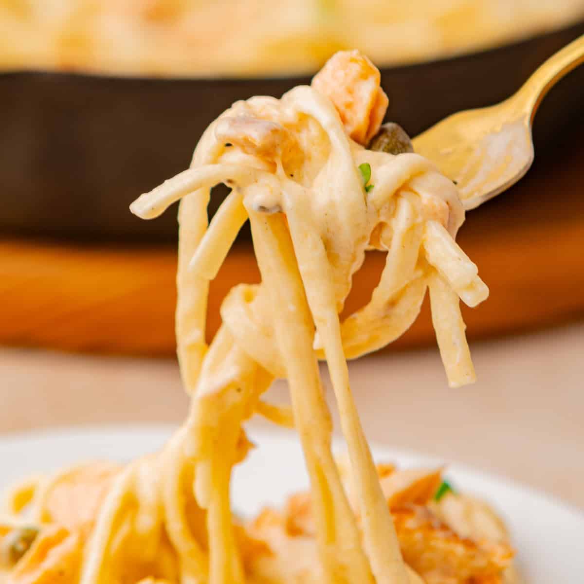 A fork lifting creamy pasta with pieces of chicken above a plate, with a skillet of pasta in the background.