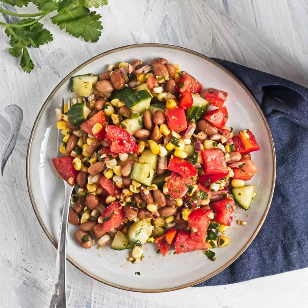 A plate of mixed bean salad with tomatoes, cucumbers, corn, and herbs sits on a white surface with a fork and a blue napkin nearby.