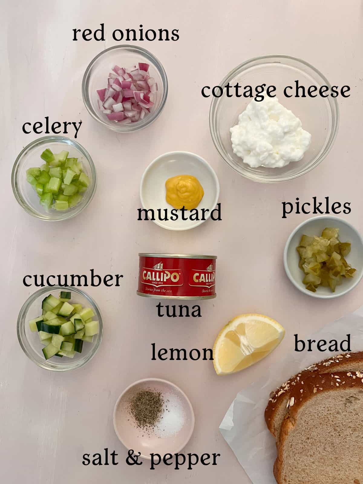 Top-down view of ingredients for a tuna sandwich, including red onions, celery, cucumber, salt, pepper, mustard, lemon, cottage cheese, pickles, tuna, and bread.